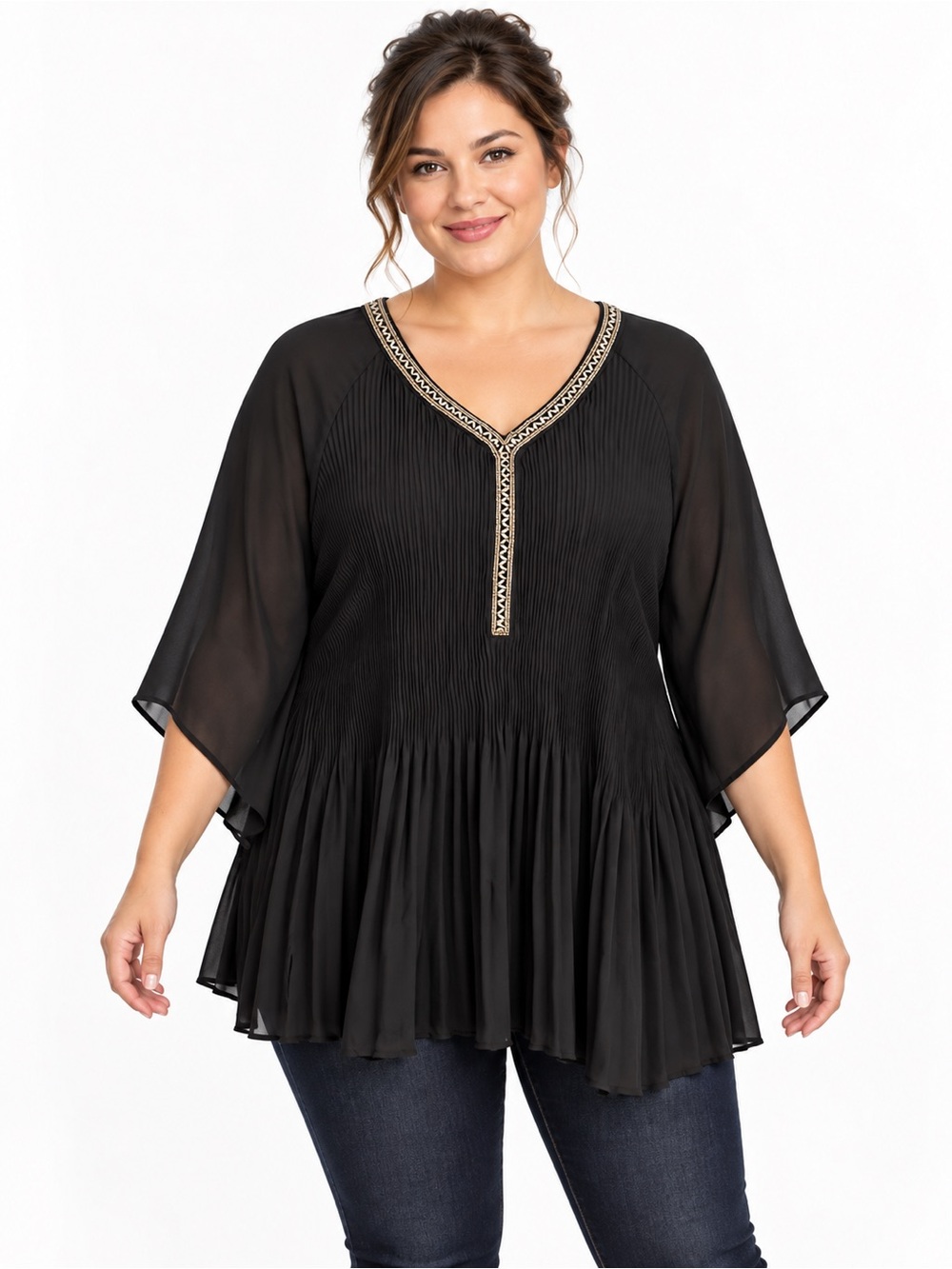 Catherines 2X Black Pleated Beaded V Neck Tunic Blouse Sheer 3/4 Sleeves